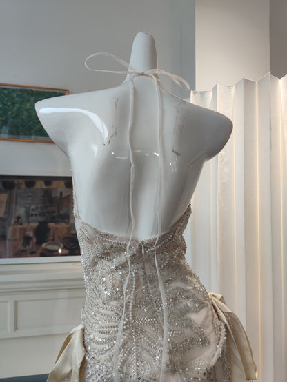 Ivory Sheer Mesh Beaded A-Line Mini Dress
