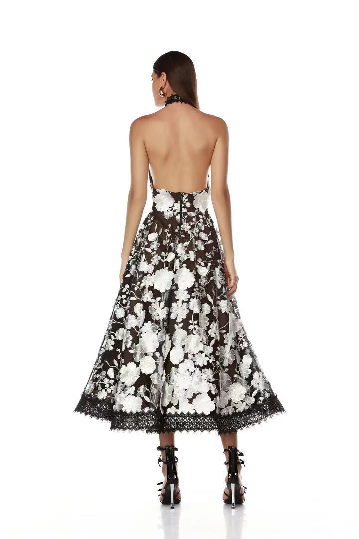 alyssa black Halter Floral Embroidered Midi Dress
