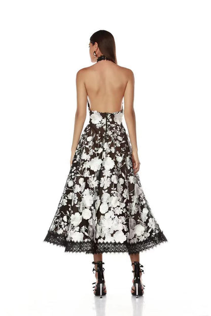 alyssa black Halter Floral Embroidered Midi Dress