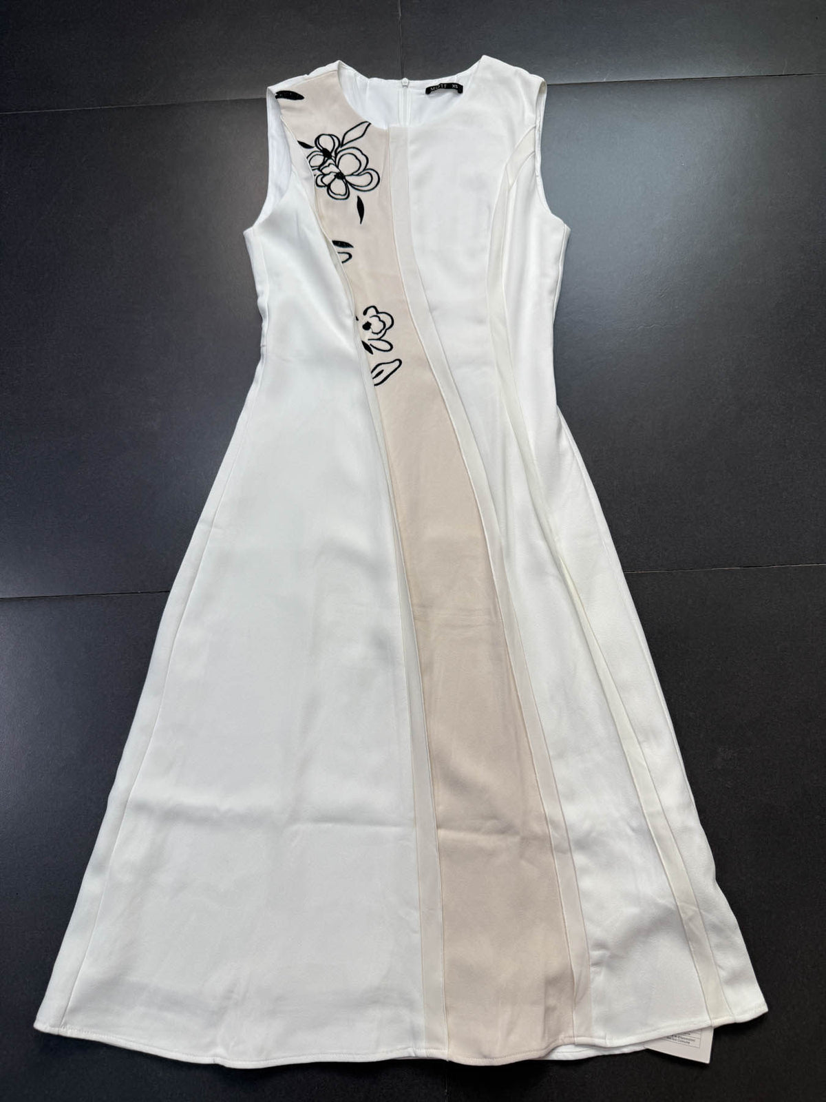 White & Beige Color-Block Floral Embroidered Sleeveless Midi Dress