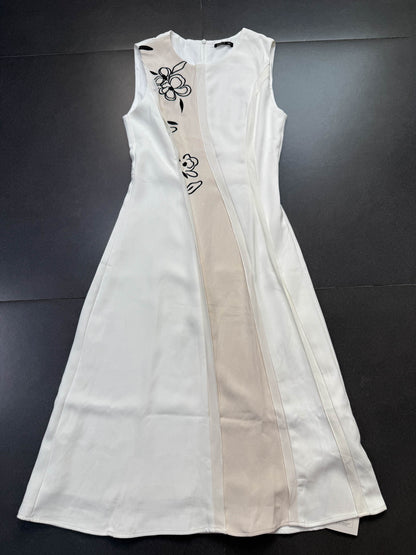 White & Beige Color-Block Floral Embroidered Sleeveless Midi Dress