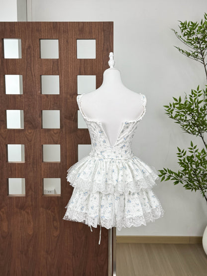 alisa floral printed lace trim mini dress in white