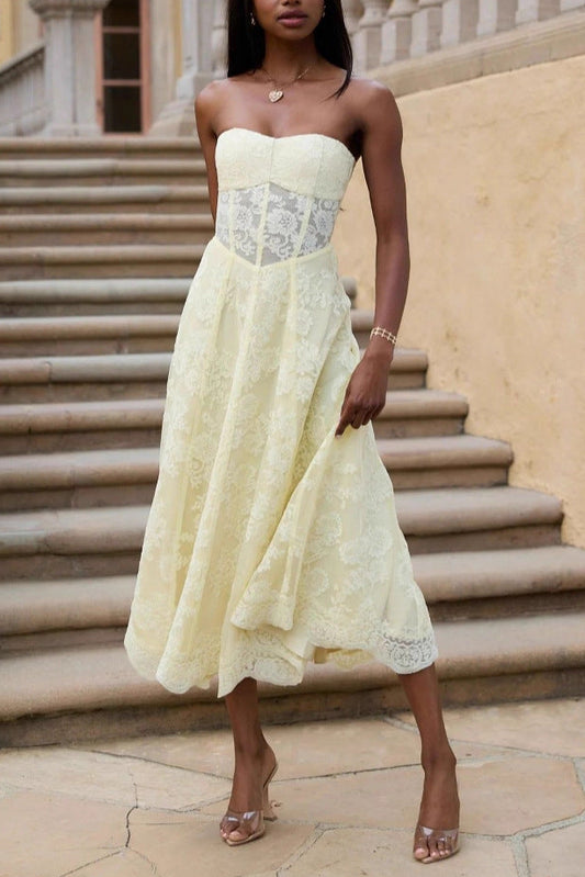Amanda Yellow European American Style Sexy Backless Tie-Wrap Dress