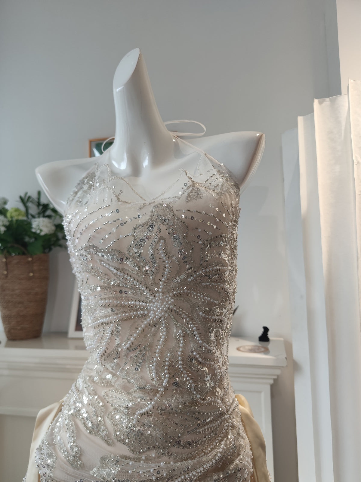 Ivory Sheer Mesh Beaded A-Line Mini Dress