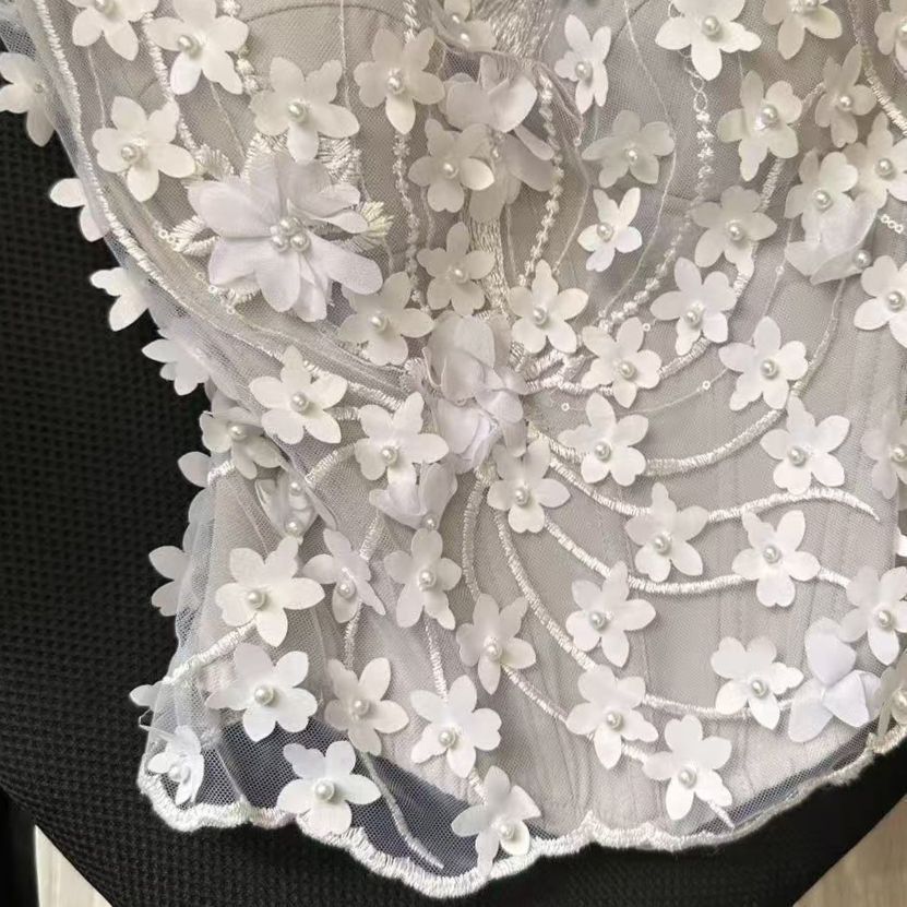 Light Grey Mesh Structured Corset Top with Floral Appliqué