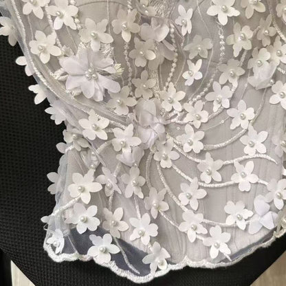 Light Grey Mesh Structured Corset Top with Floral Appliqué
