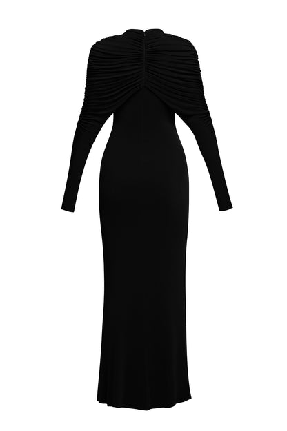 bonnie long sleeve pleated knot bodycon maxi dress in black