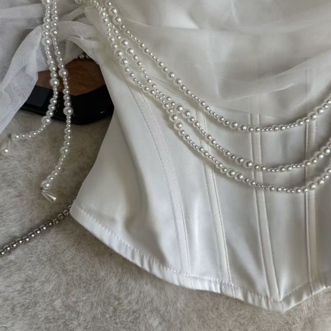White Structured Satin Corset Top with Pearl-Embellished Off-Shoulder Sleeves