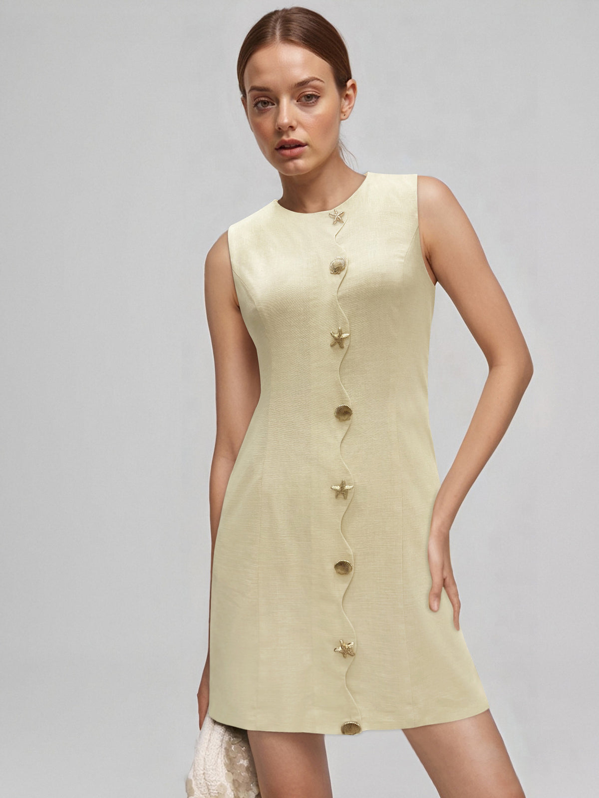 Pale Yellow Sleeveless Round Neck Star Shell Button Straight Mini Dress
