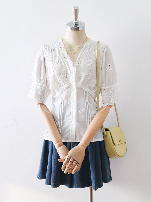 Scalloped V Neck Floral Embroidery Eyelet Puff Short Sleeve Blouse