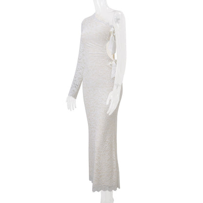 White Floral Lace One-Shoulder Column Gown