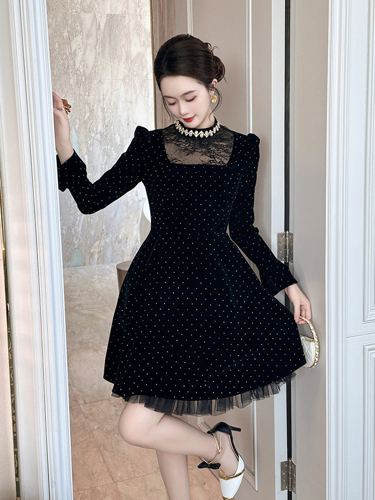 wendy Polka dots long sleeve velvet mini dress in black
