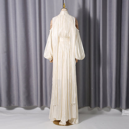 ashley apricot off shoulder pleated puff sleeve maxi dress