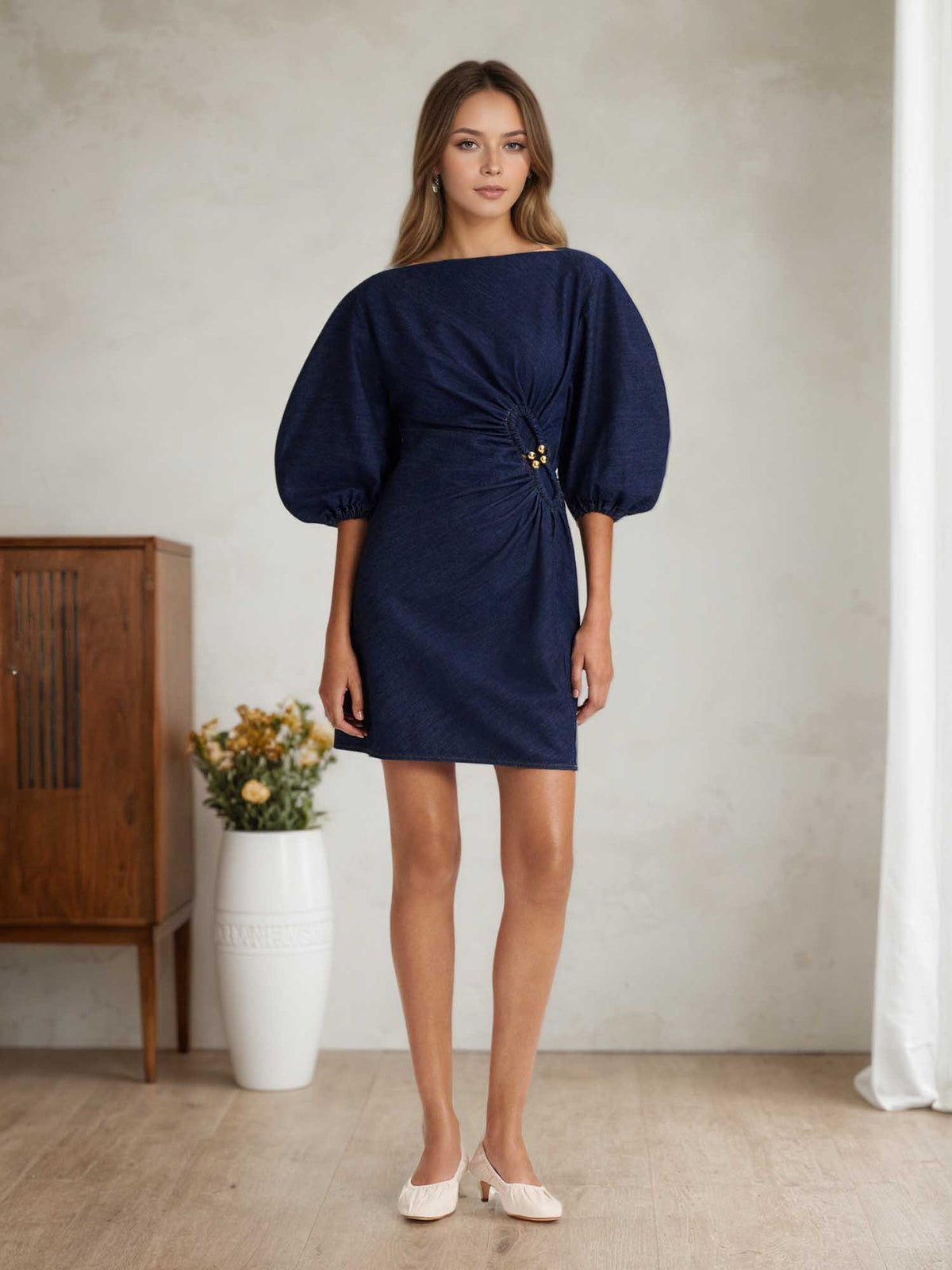 Dark Denim Boat Neck Puff Sleeve Side Ruched Gold Button Mini Dress