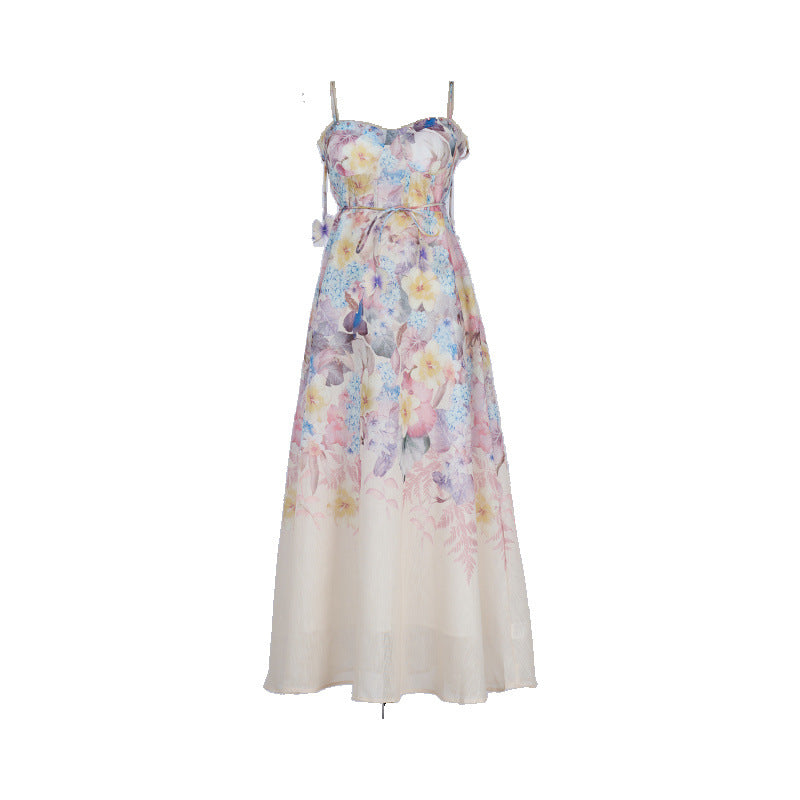 Pastel Floral Print Spaghetti Strap Midi Dress with 3D Flower Appliqués