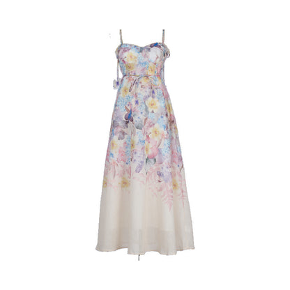 Pastel Floral Print Spaghetti Strap Midi Dress with 3D Flower Appliqués