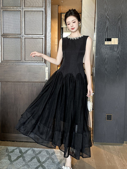 mandy black pearl neck sleeveless puffy maxi Dress