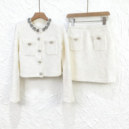 alisa Diamond-embellished tweed cardigan skirt set in white