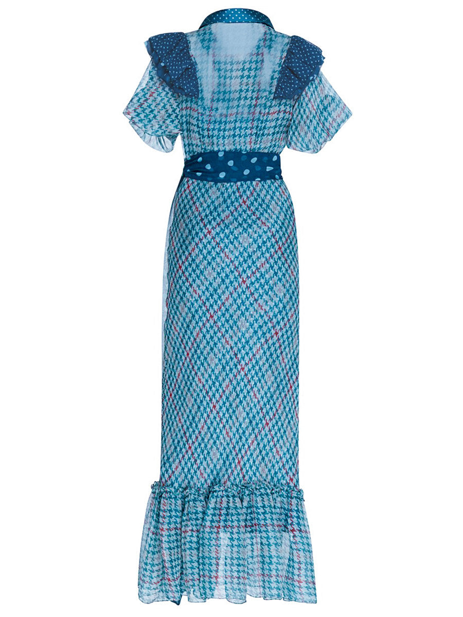blue print plaid midi dress