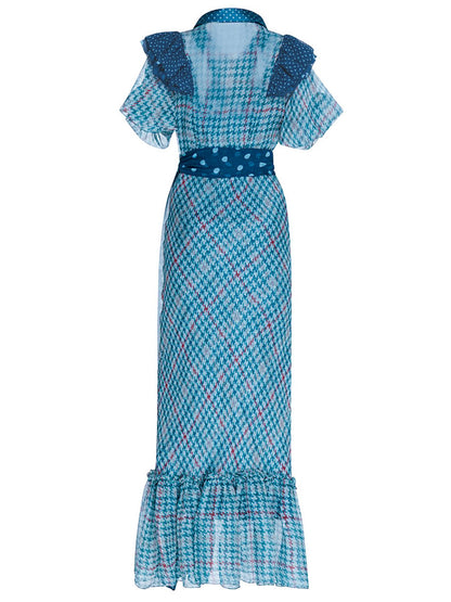 blue print plaid midi dress