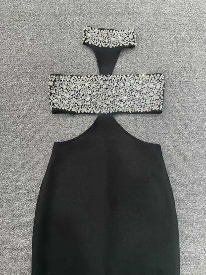 gwendolyn crystal halter cut out maxi dress in black