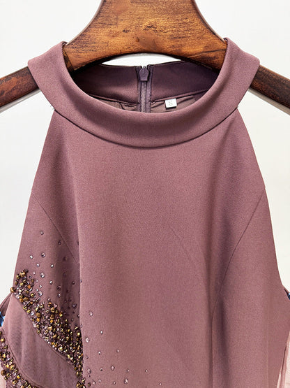 vivien Brown Beading High Neck Maxi Dress