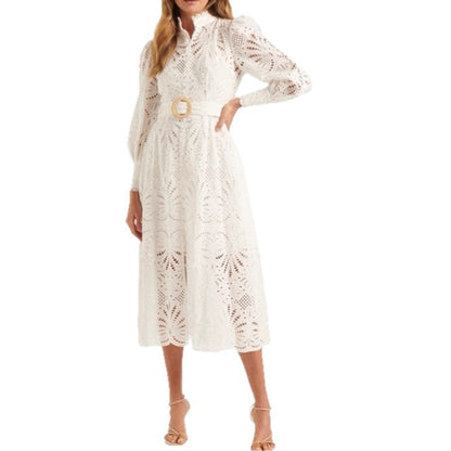 white embroidery lace collar waist lace dress