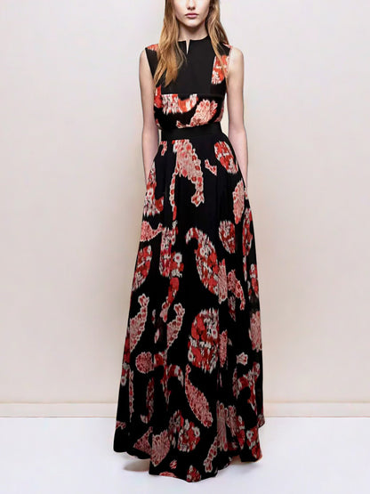 black printed  V-neck sleeveless maxi dress