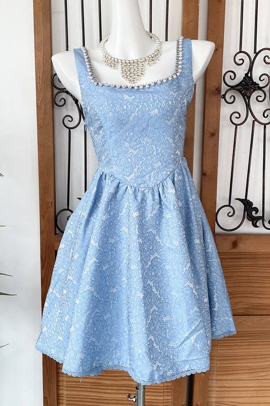 beaded square neck retro jacquard bow strap waist A-line mini dress