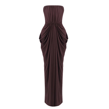 simona pleated Crepe Jersey strapless Gown in brown