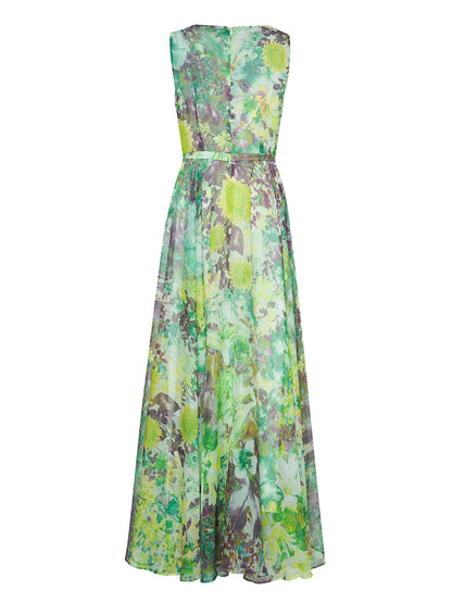 green flower sleeveless large swing maxi dress