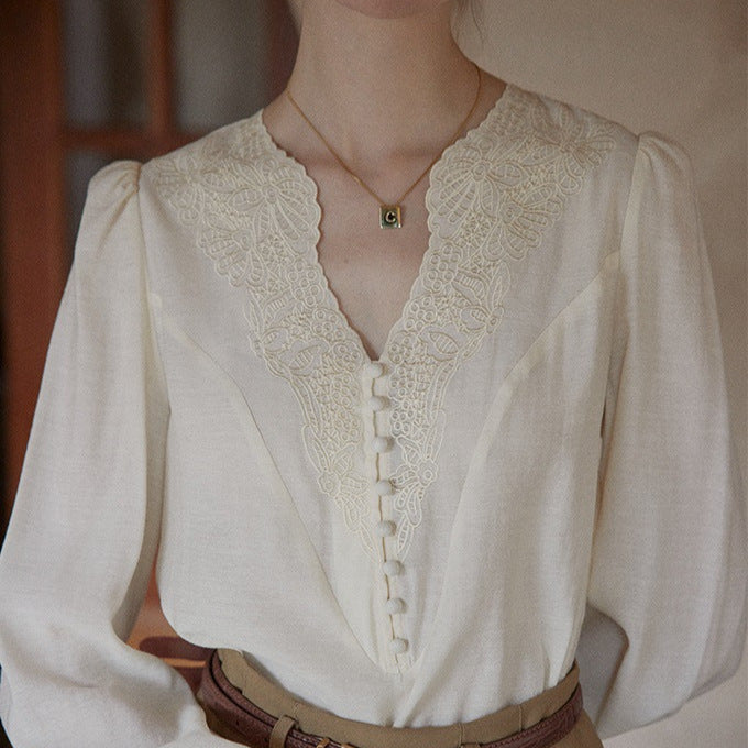 cream apricot V-neck top