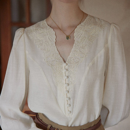 cream apricot V-neck top