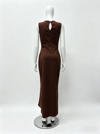 Dark Brown Textured Knit Fitted Sheath Dress with Brooch