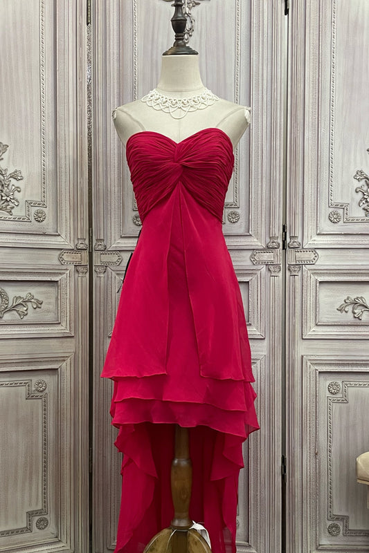 Red Strapless Chiffon High-Low Evening Dress