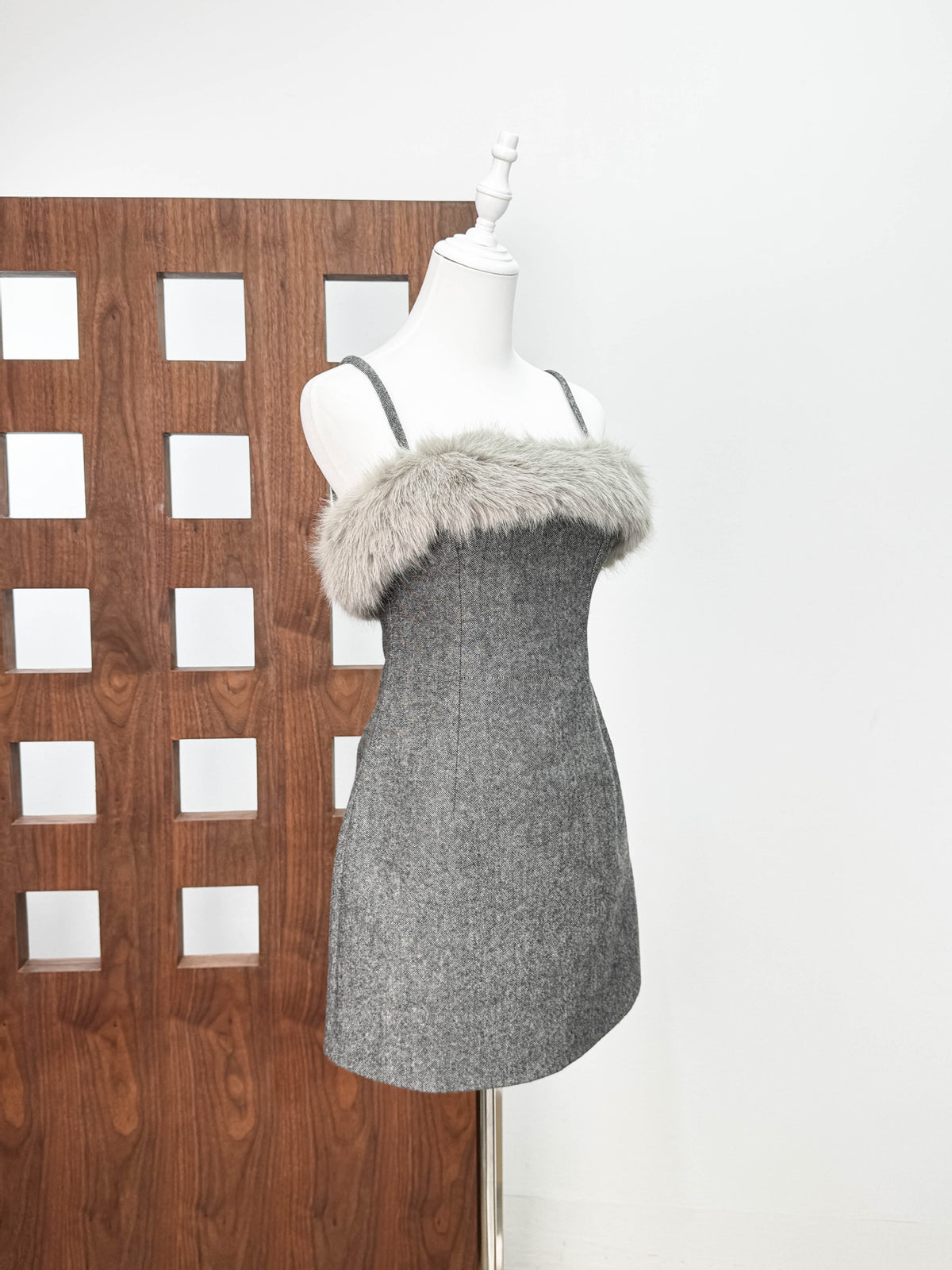 victoria Spaghetti Faux Fur Mini Dress in grey