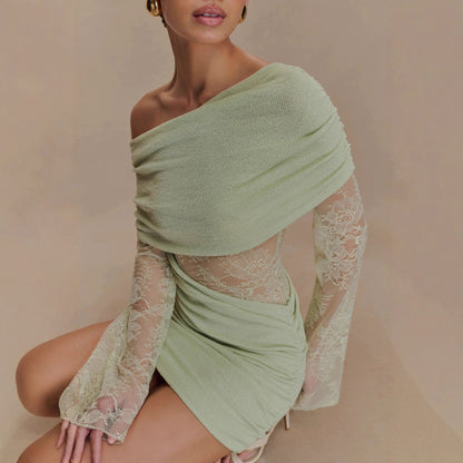 Matcha lace strapless spliced knitted mini dress