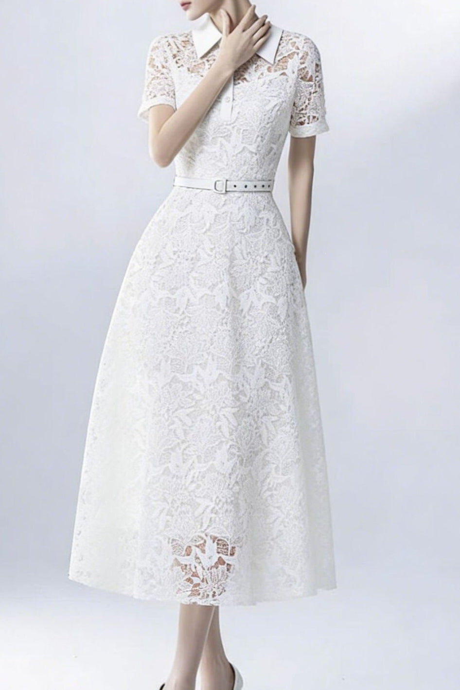 Lace Collared Belted Midi Dress
