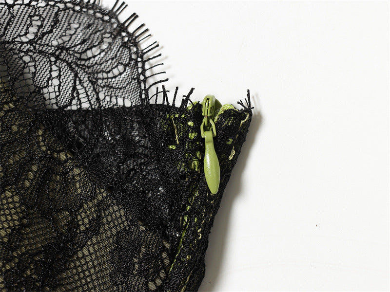 Olive Green Satin Asymmetrical Slip Dress with Black Lace Trim