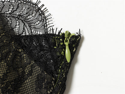 Olive Green Satin Asymmetrical Slip Dress with Black Lace Trim