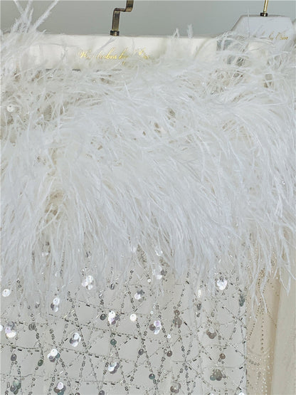 Masa White Haute Couture Feather Sequin Dress