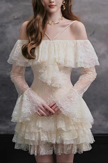Elisha Off Shoulder Lace Ruffle Mini Dress