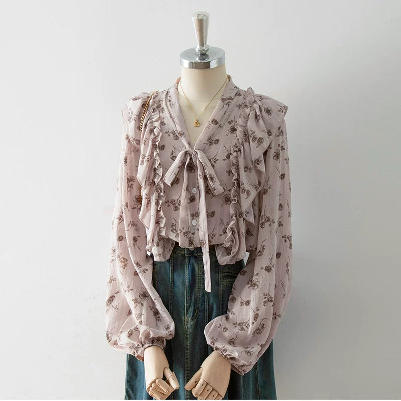 V-Neck Self-Tie Bow Ruffle Floral Print Puff Long Sleeve Blouse