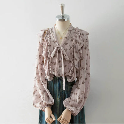 V-Neck Self-Tie Bow Ruffle Floral Print Puff Long Sleeve Blouse