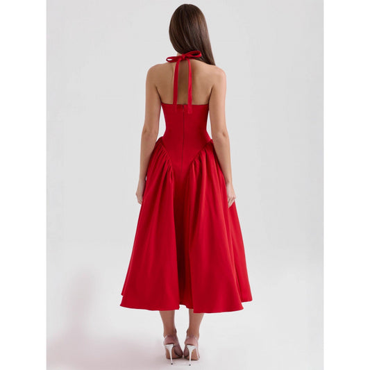 Halter Deep V Flared Maxi Dress
