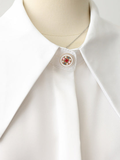Oversized Point Collar Mixed Fabric Pleated Lantern Sleeve Satin Blouse
