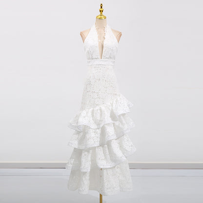 hazel white Deep V-neck halterneck layer ruffle trim maxi dress