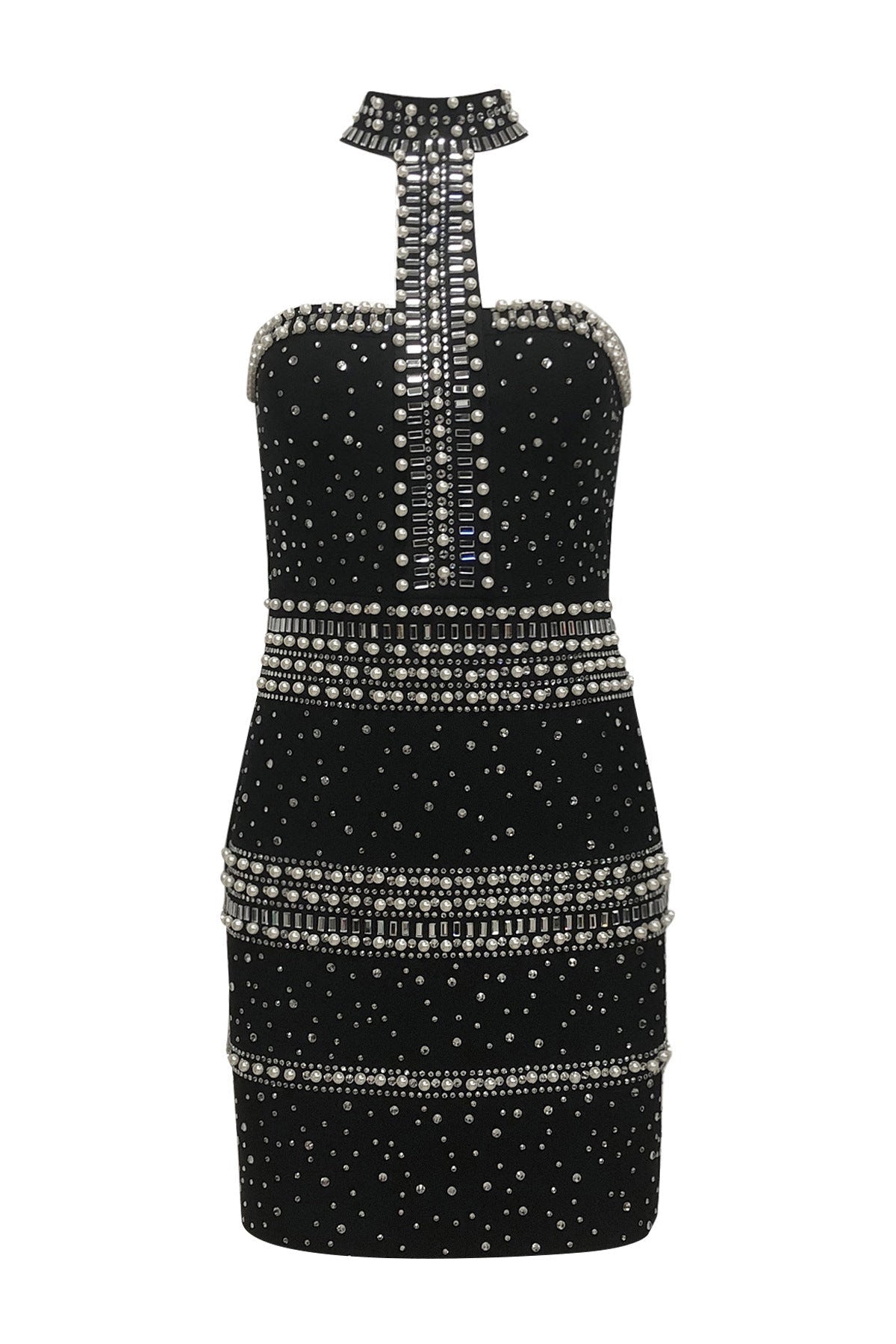 nelly pearl rhinestone halter mini dress in black