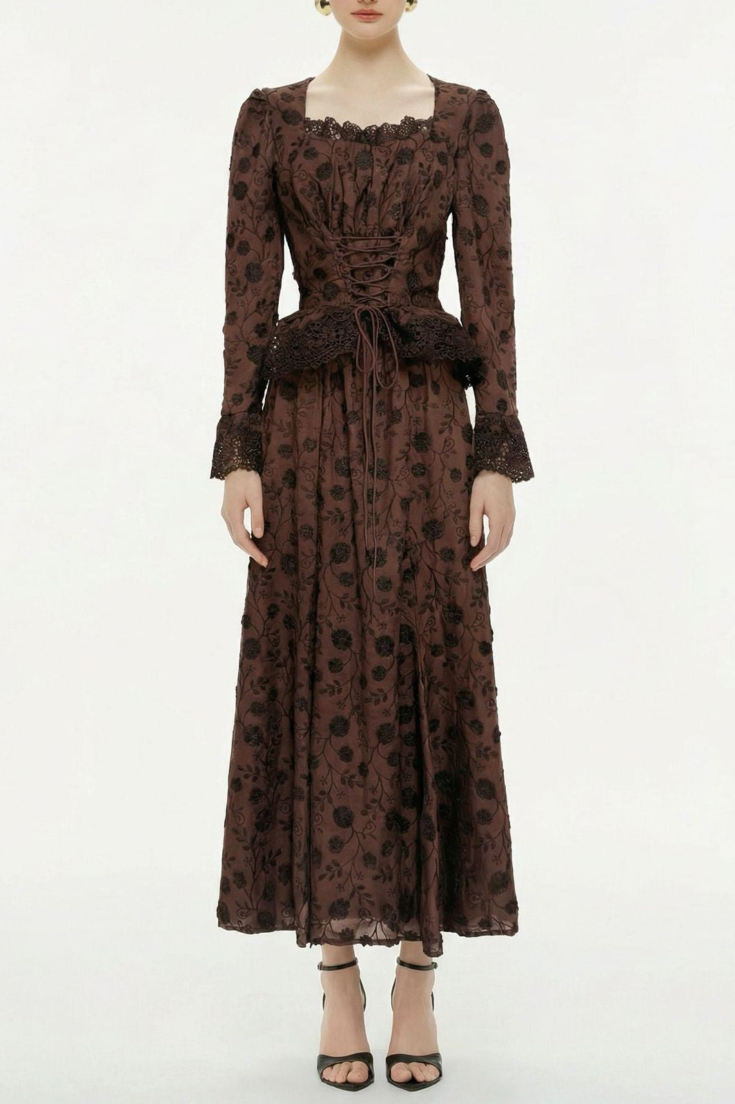 Fiorenza Brown Floral Lace Blouse & Skirt Set