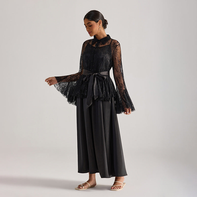 Tiffany black lace bell-sleeve ruffle embroidered top maxi skirt set